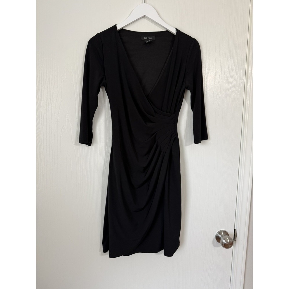 White House‎ Black Market Black Ruched Faux Wrap Midi Dress Women's 2